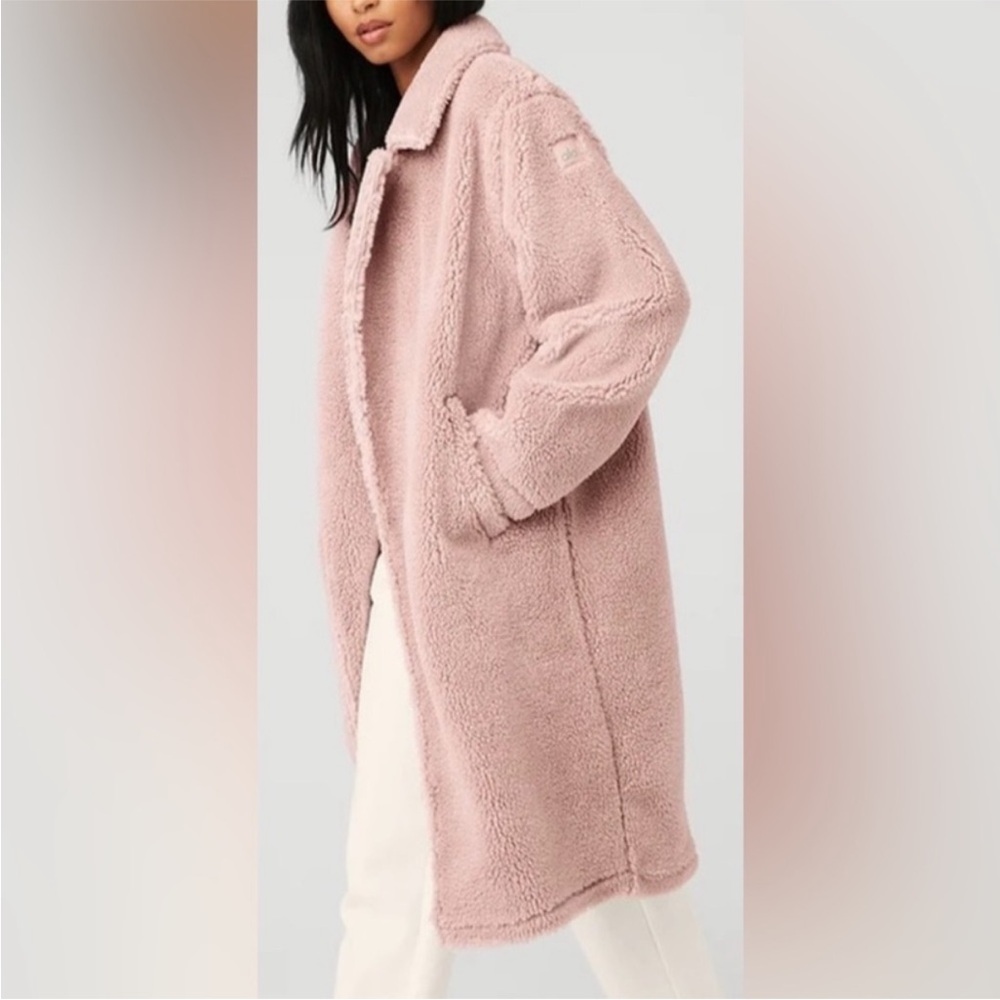 ALO Yoga Oversized Plush Sherpa Trench Coat Jacket Dusty Rose Pink - Picture 2 of 6